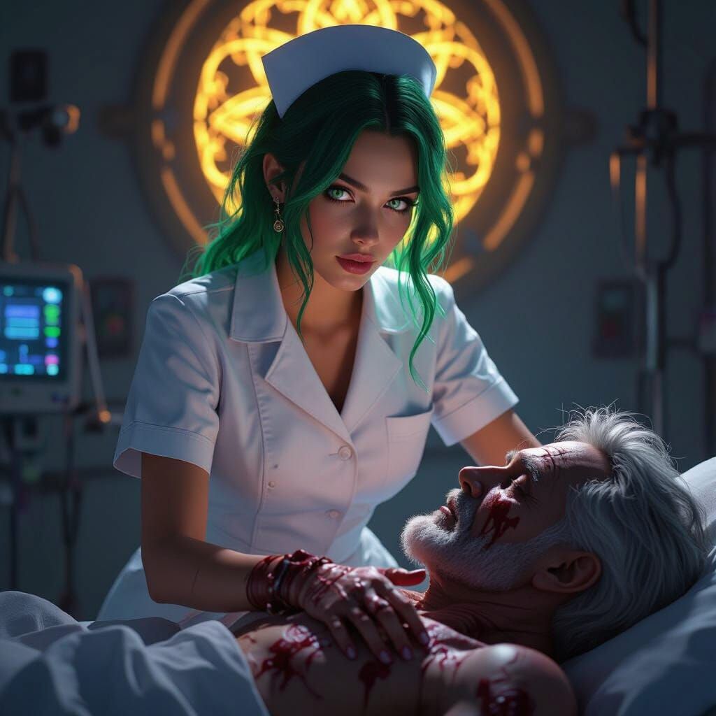 Green-Haired Healer in Art Nouveau Style