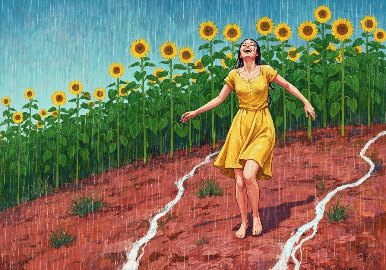 Woman Dancing in Rainy Sunflower Field, Impressionistic Styl...