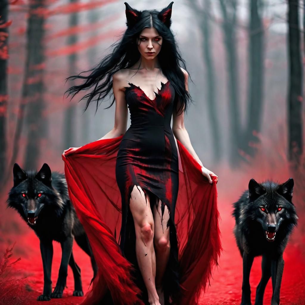 Wolf Woman with Red Accents in 8K