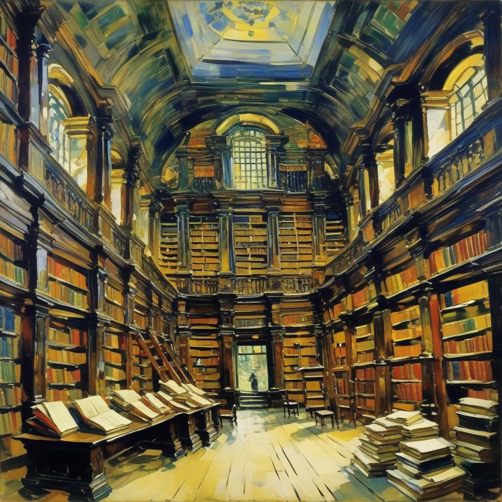 Ancient Library in Impressionistic Style