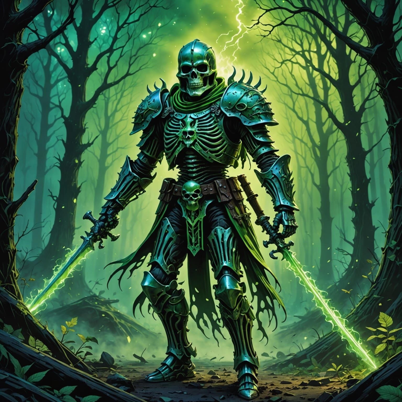 Skeleton Knight in Neon Green Mist: Digital Matte Painting