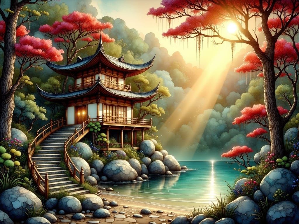 Japanese Pagoda Art Print in Fantasy Style