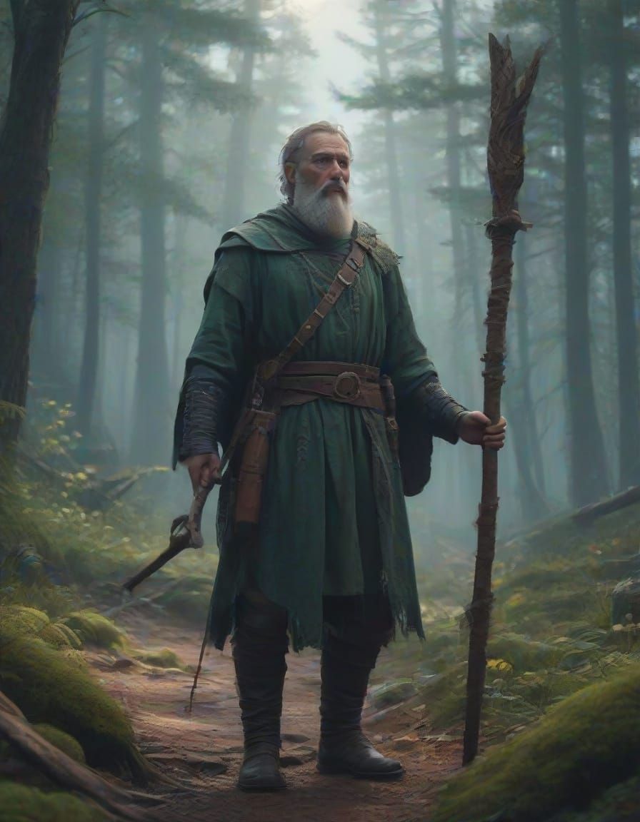 Medieval Hero in Whimsical Woodland Scene