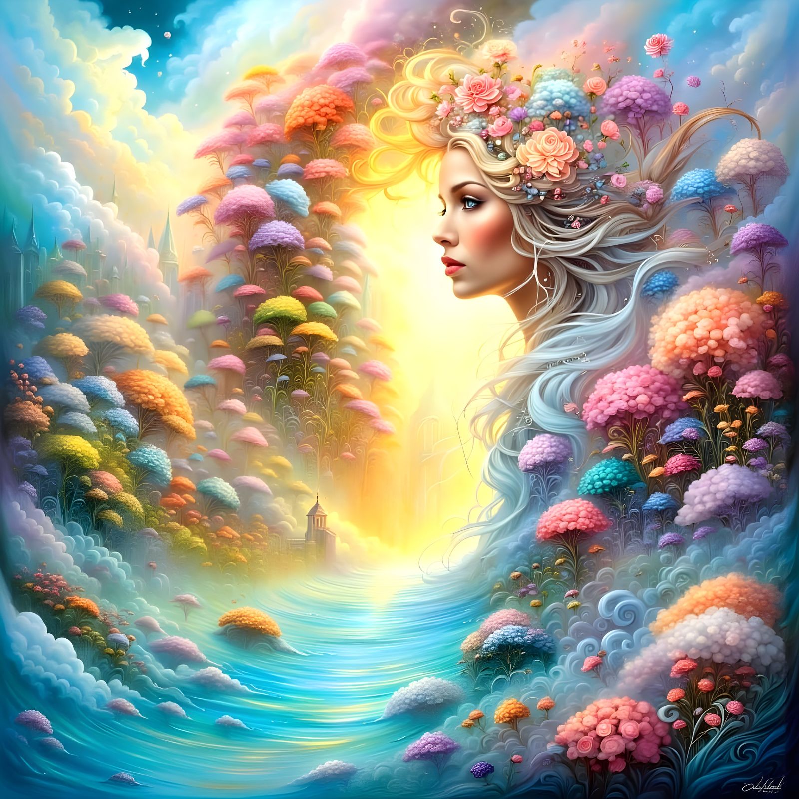 Blond Goddess Emerges in Pastel Paradise