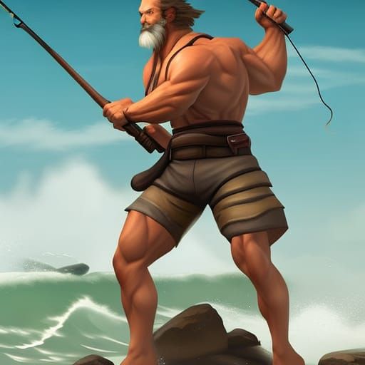 mature masculine hirsute male fishing wearing shorts, trending on artstation, soft focus, impressionist style
