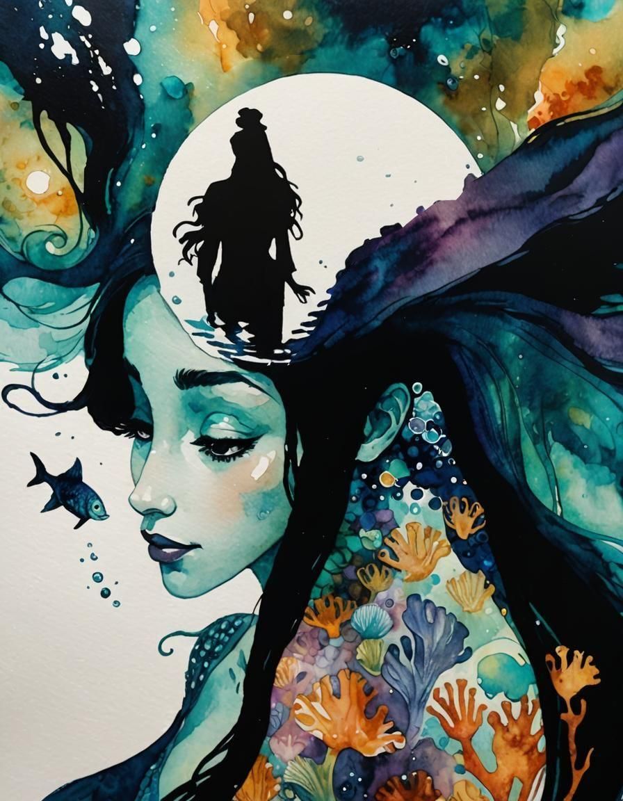 Ocean Depths: A Mermaid's Tale in Watercolor