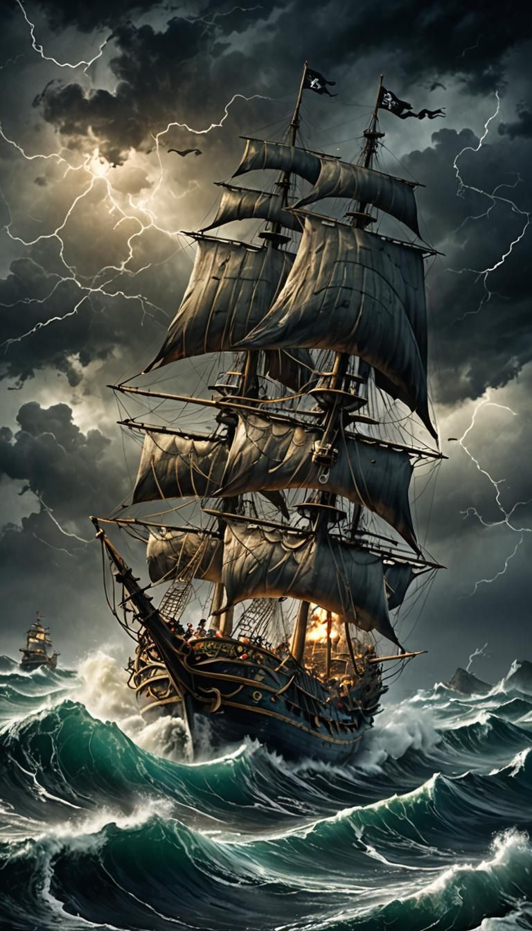 Pirate Ship Storm Battle: Detailed Matte Painting