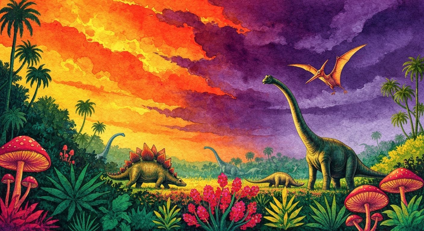 Jurassic Landscape with Dinosaurs in Impasto Watercolor