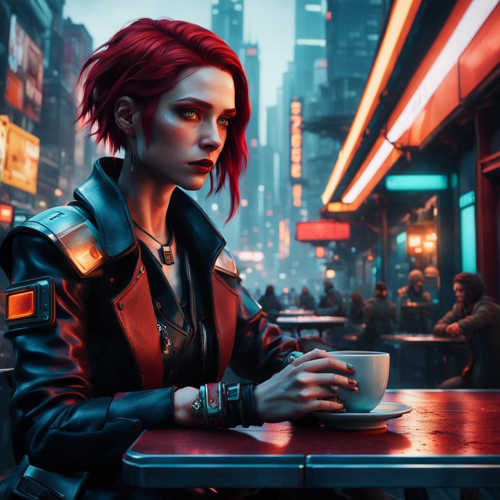 triss merigold from the witcher 3 drinking coffee in a styli...