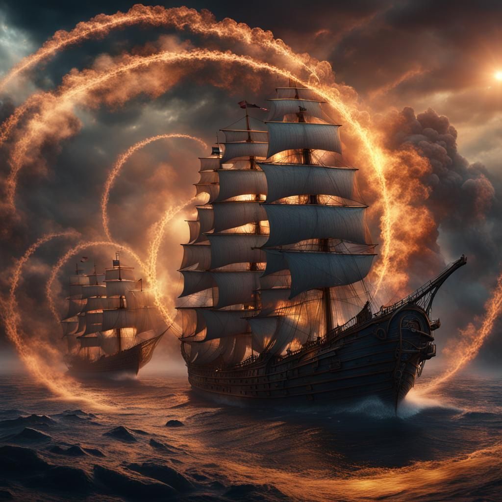 Smoke Rings Form Sailing Ships: Fantasy Concept Art