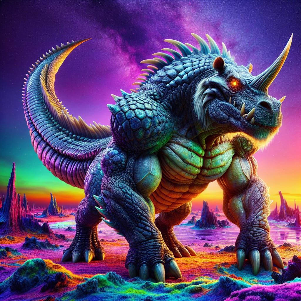 Surreal Alien Chimera: Crocodile-Rhino-Wolverine Hybrid in V...