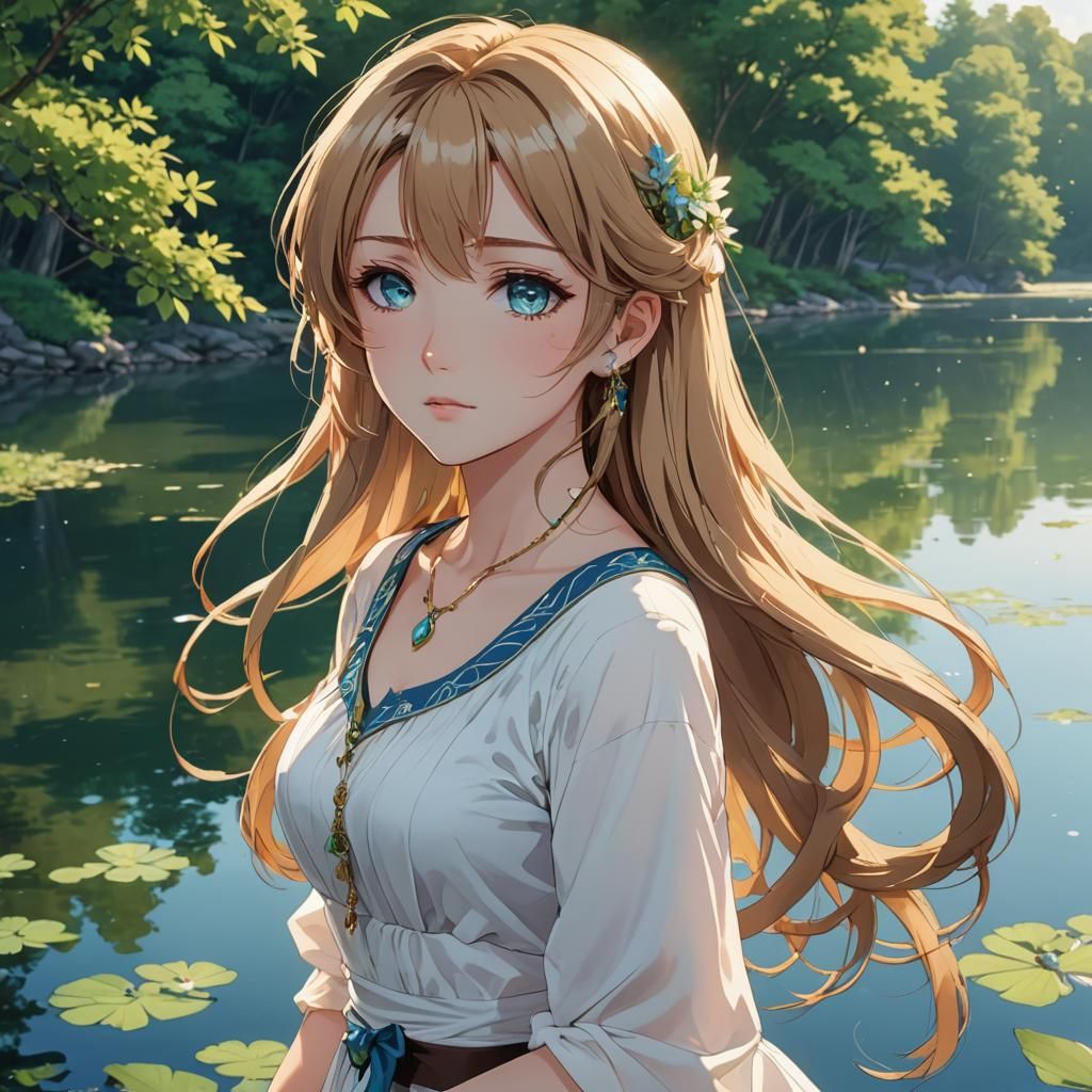 Anime Girl with Blonde-Tipped Hair by Lake