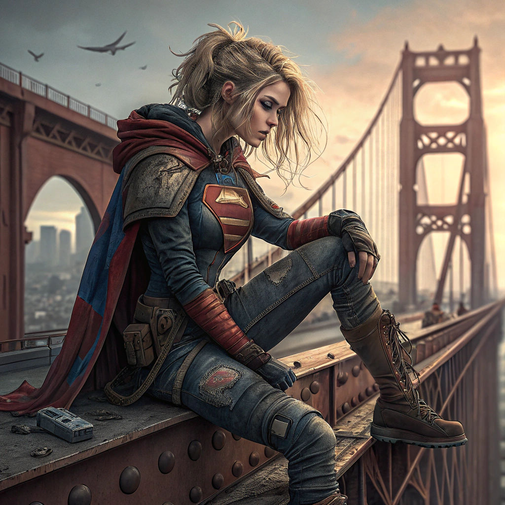 Cyberpunk Supergirl on Golden Gate Bridge