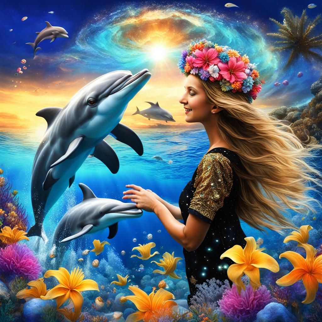 Woman with Dolphins in Bioluminescent Ocean, Fantasy Art