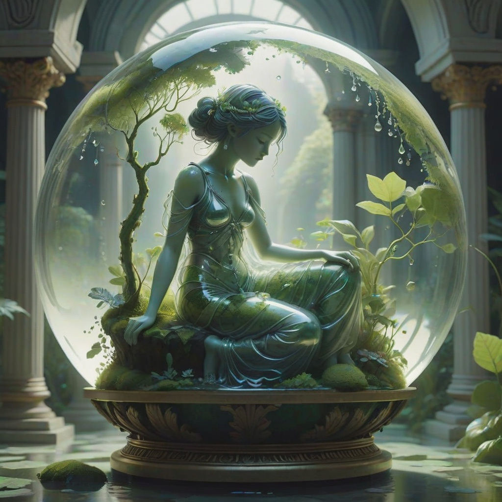 Ethereal Glass Woman Embraces Earth in Globe