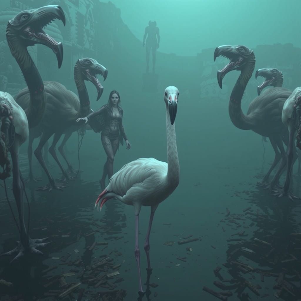 Surreal Flamingo Goddess Confronts Flumango Horror in Vivid...