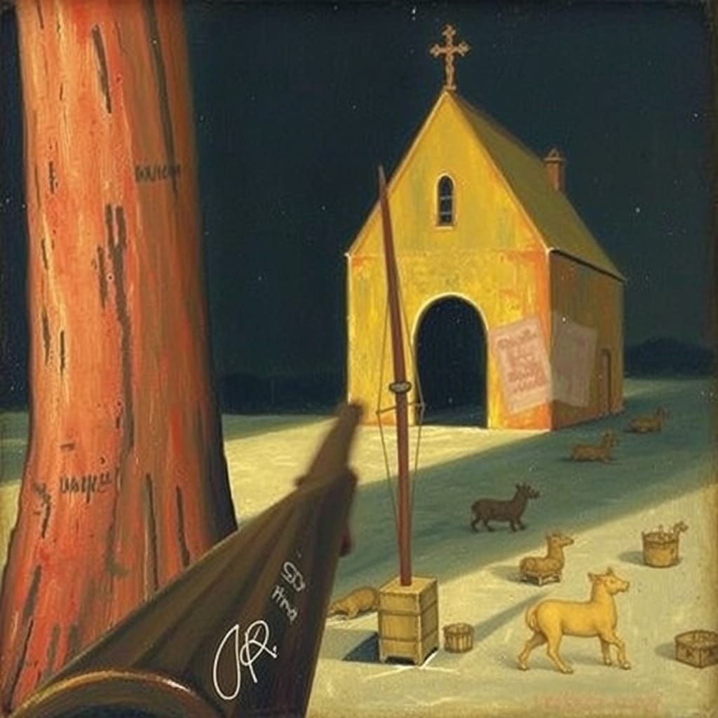 Man Shoots Crossbow at Cutlet in Rublev Rothko Style