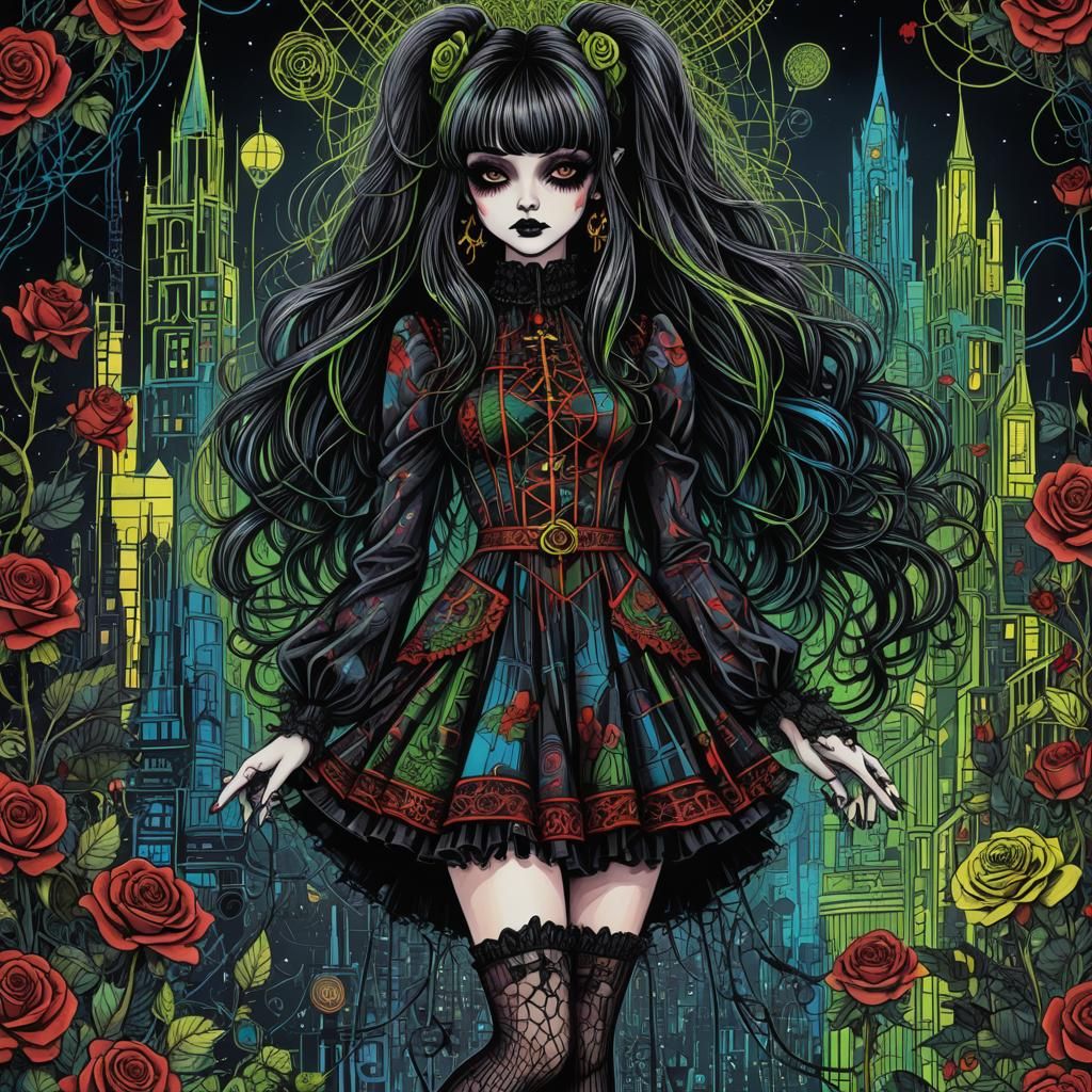 Gothic Lady in Neon Grid: 1970s Pen Doodle