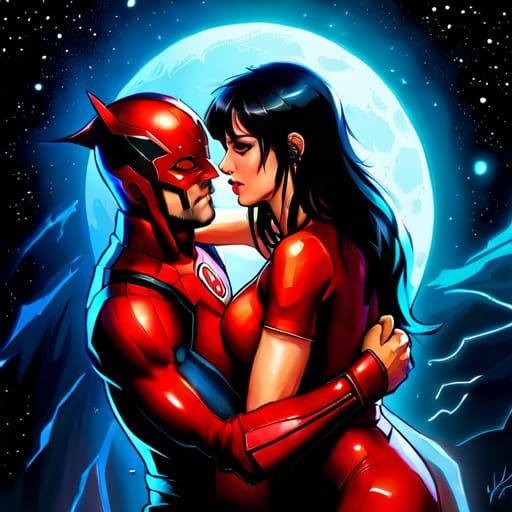 Daredevil and Elektra Embrace in Space
