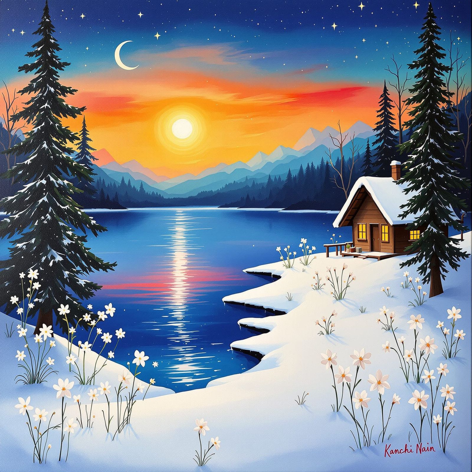 Winter Landscape Painting Reflecting Dusk Sky