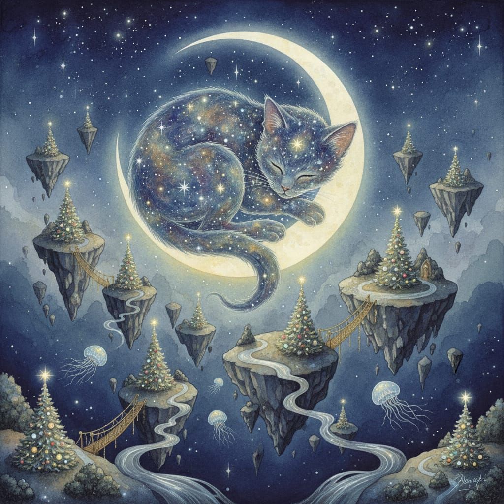 Ethereal Starlight Kitten on Moonlit Surreal Landscape