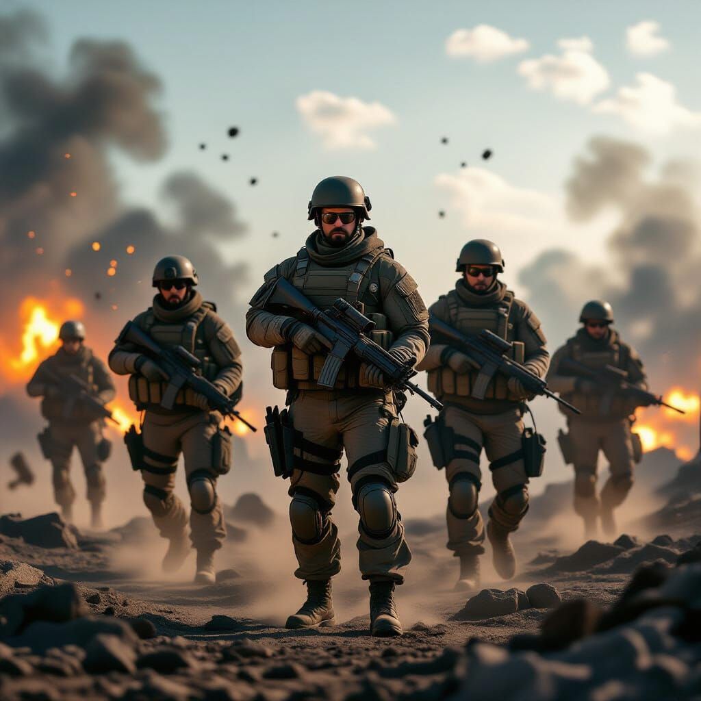 Elite Soldiers in Epic War Zone Battlefield