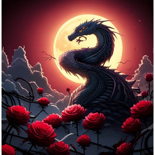 Gothic Dragon in Crimson Rose Garden Under Moonlight