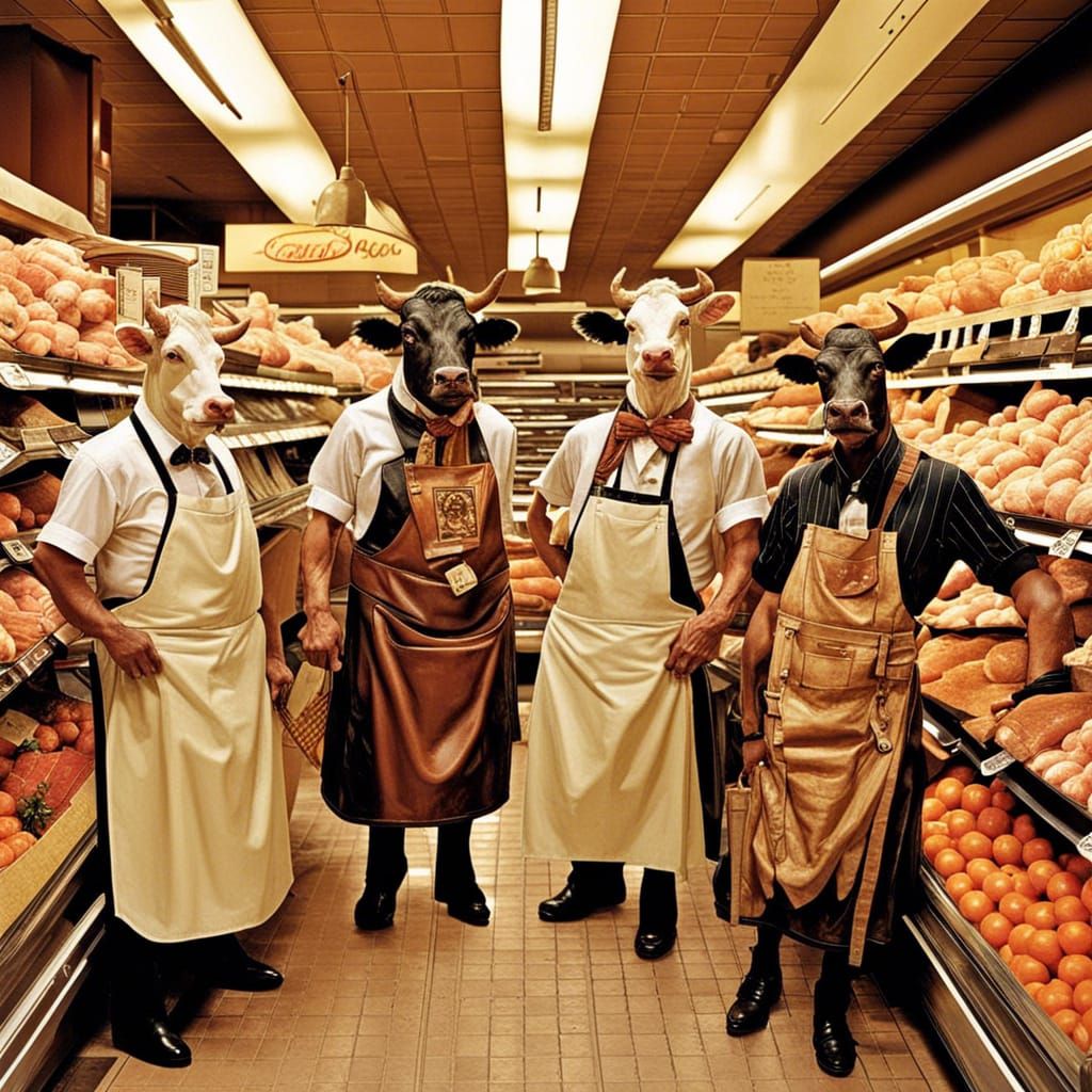 Anthropomorphic Cows Work as Butchers in Supermarket