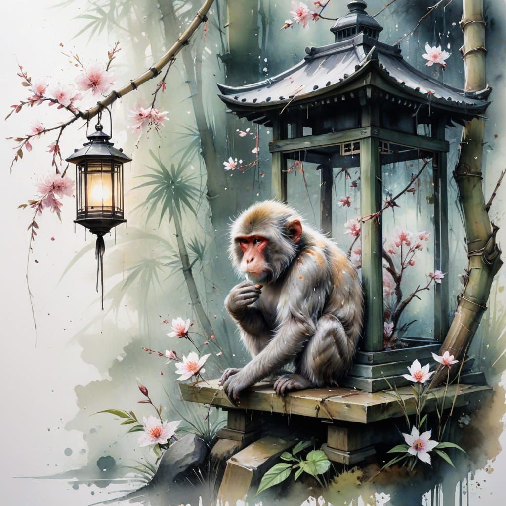 Japanese Shrine in Misty Bamboo Grove with Cherry Blossoms a...