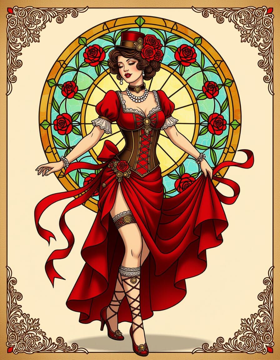 Steampunk Woman Dancing with Roses and Stained Glass