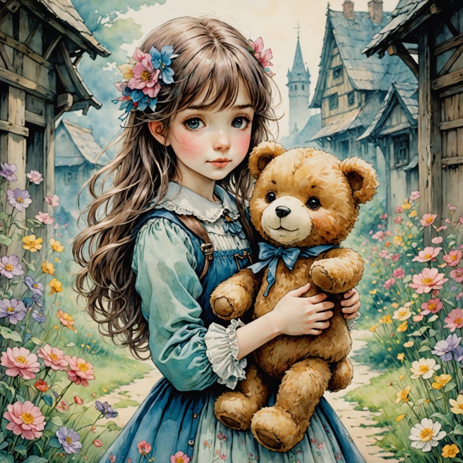 Cheerful Girl with Cute Teddy Bear in Anime Style