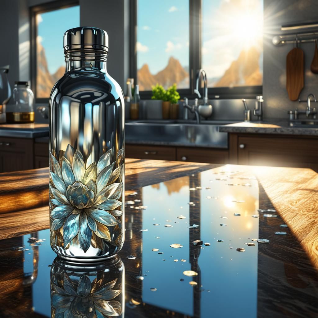 Crystallized Metallic Water Bottle Reflection, Digital Art