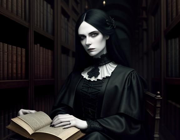 Gothic Woman in Library Portrait