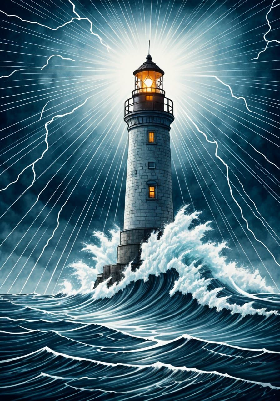 Lighthouse and Storm God in Ink Painting
