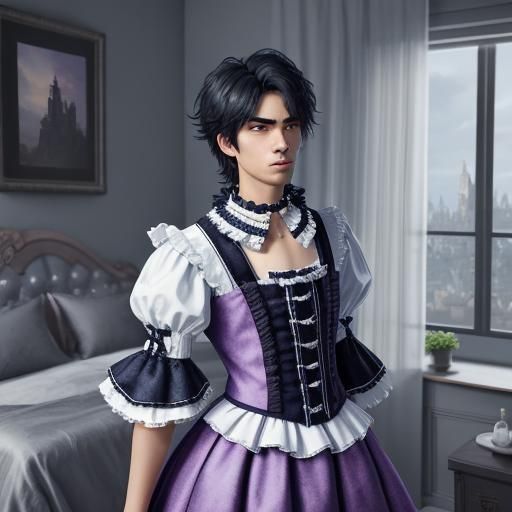 Masculine Boy Crossdressing in Kawaii Style Dress
