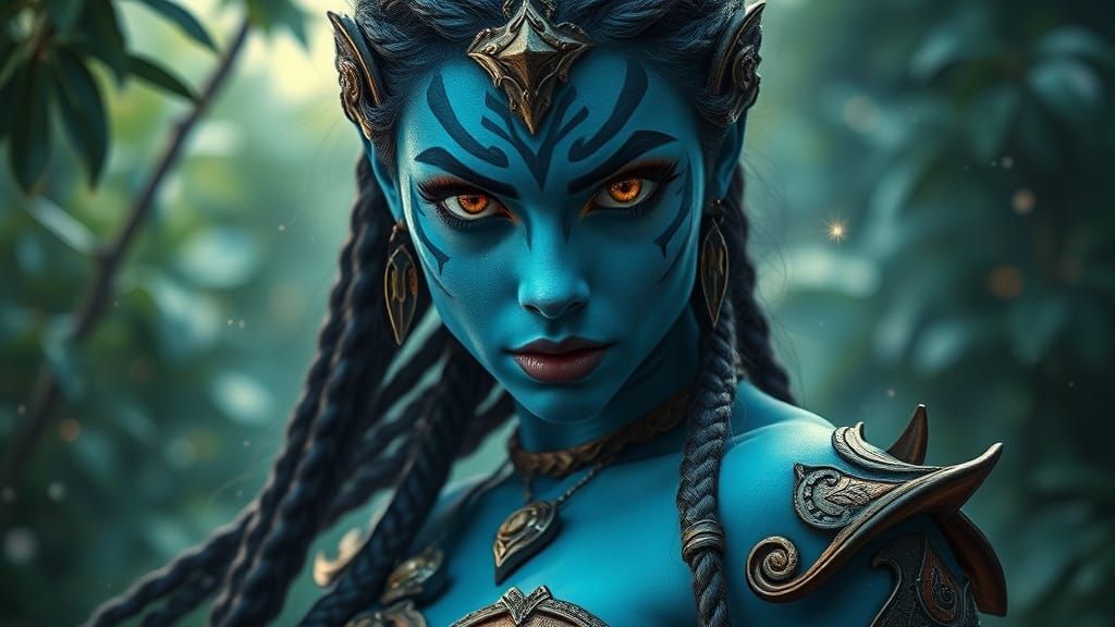 Fantasy Warrior with Blue Skin and Golden Eyes