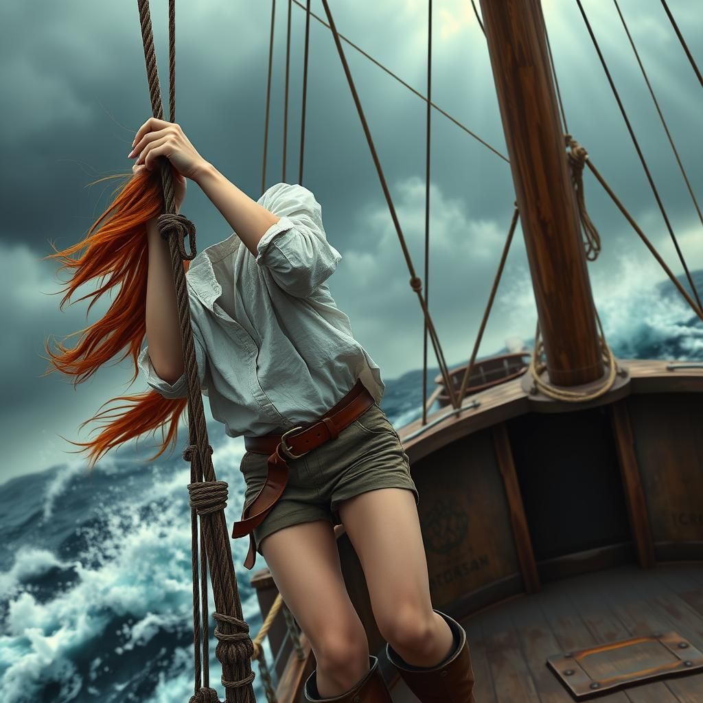 Auburn-Haired Woman on Stormy Ship in ZBrush Style