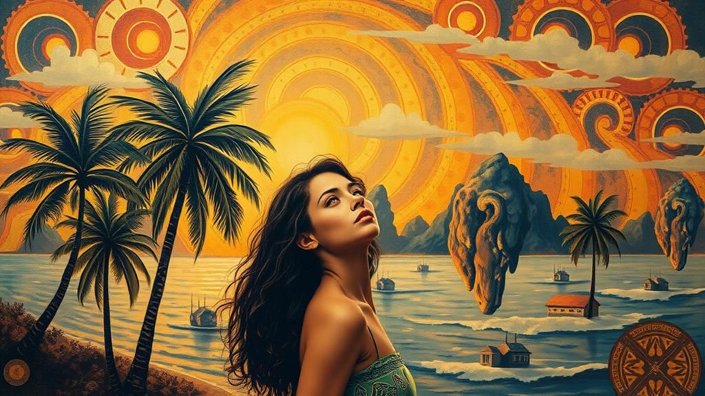 Contemplative Woman in Surreal Caribbean Landscape