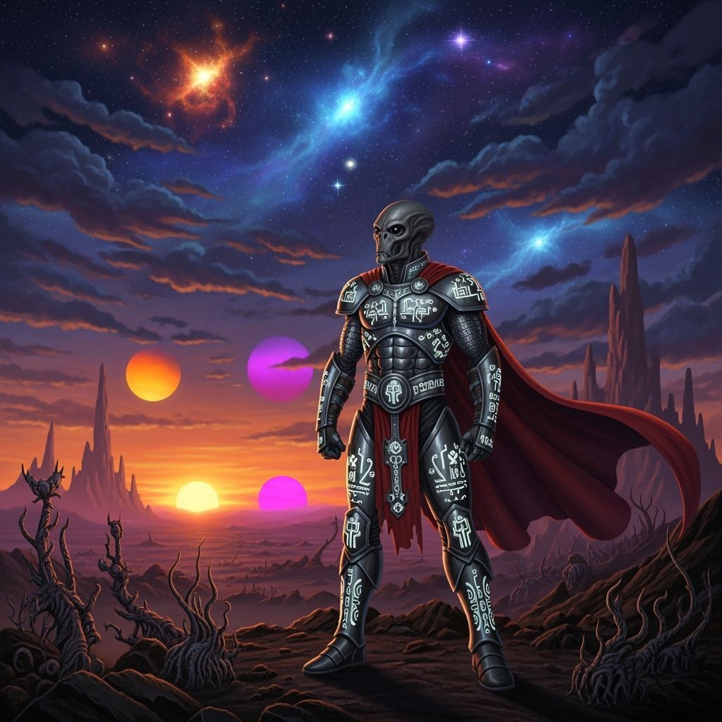 Alien Warrior on Barren Planet at Sunset