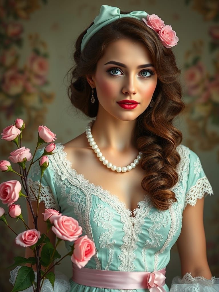 Vintage Woman in Mint Green and Pink with Lace