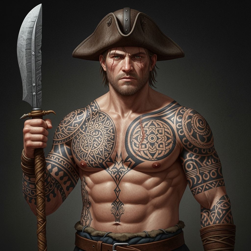Viking Warrior with Intricate Tattoos in Realistic Style
