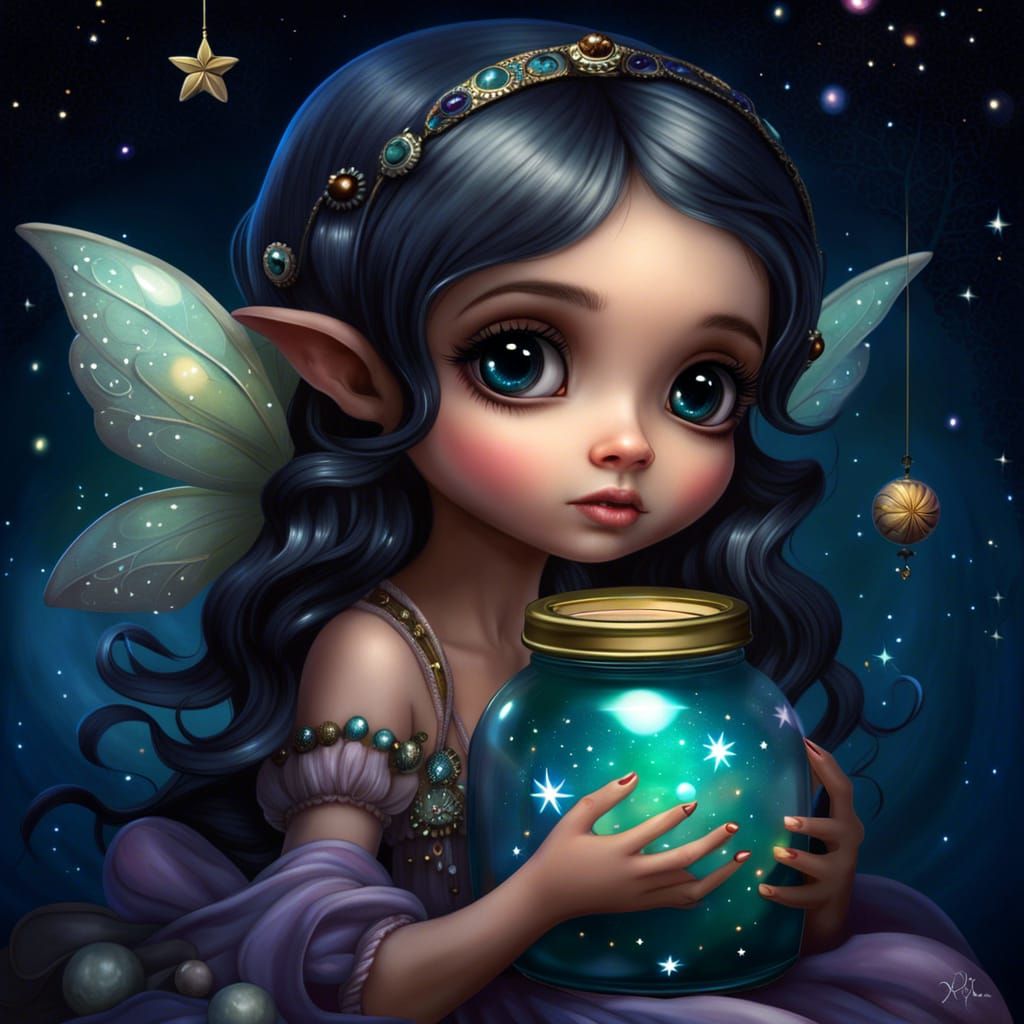 Sad Fairy with Star Jar, Hyperrealistic Art