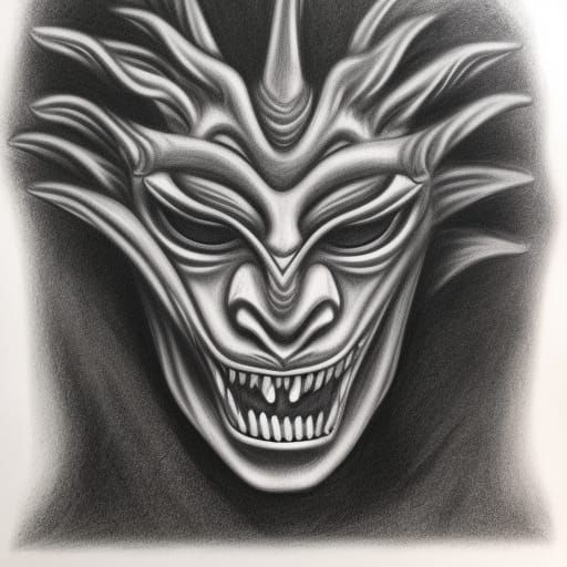 Detailed Charcoal Drawing of an Oni Mask