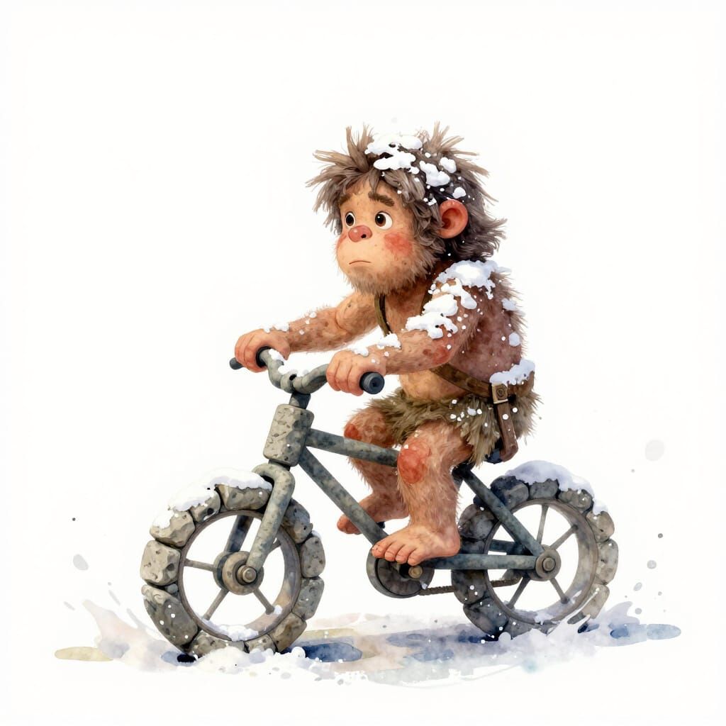 Caveman Child Rides Stone Bike in Snowy Landscape