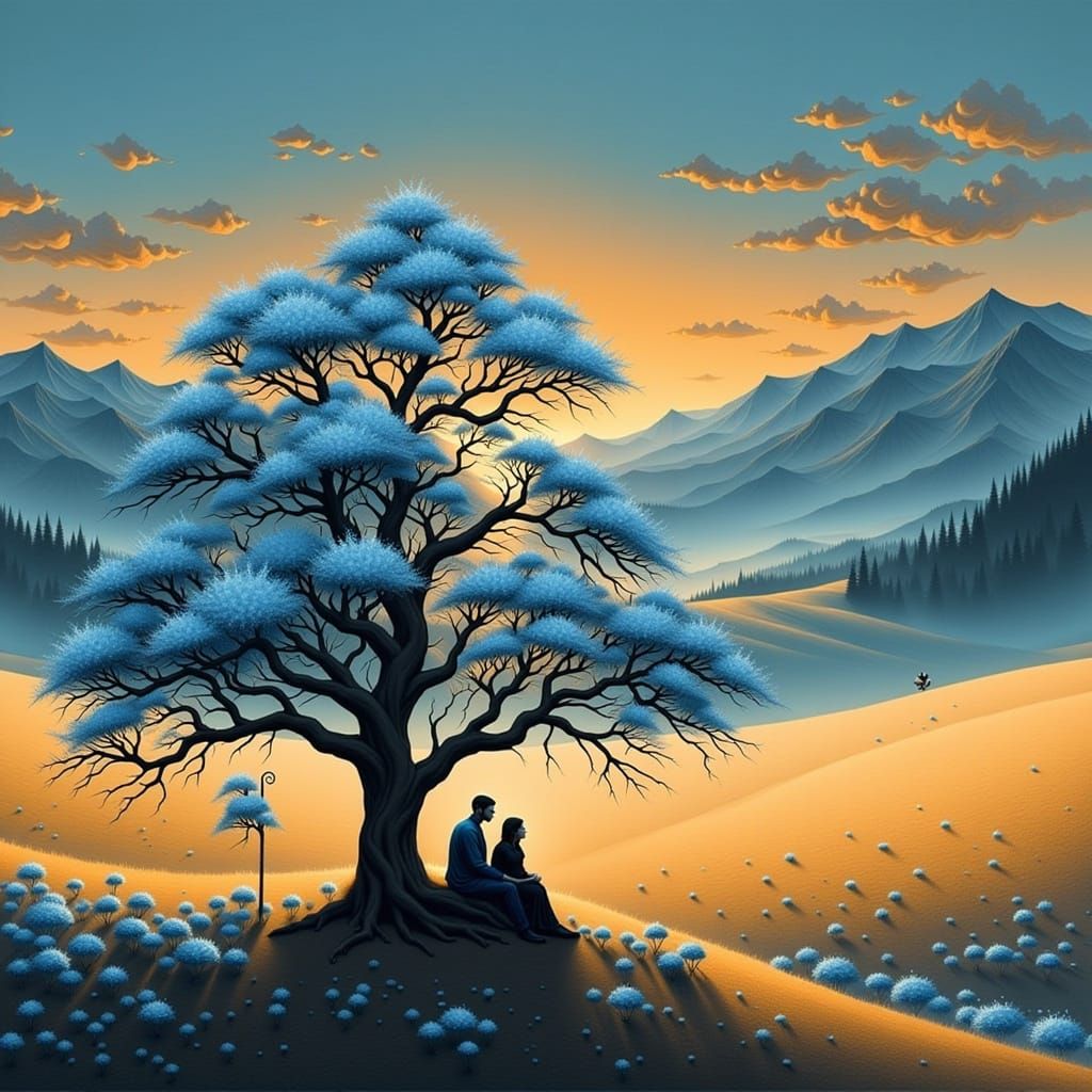 Gothic Silhouette: Figures Under Blue Blossoms at Sunset