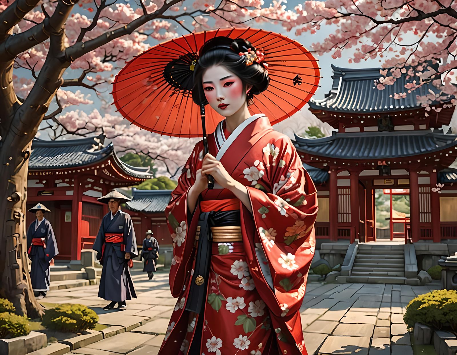 Geisha and Samurai Near Temple in Art Nouveau Style