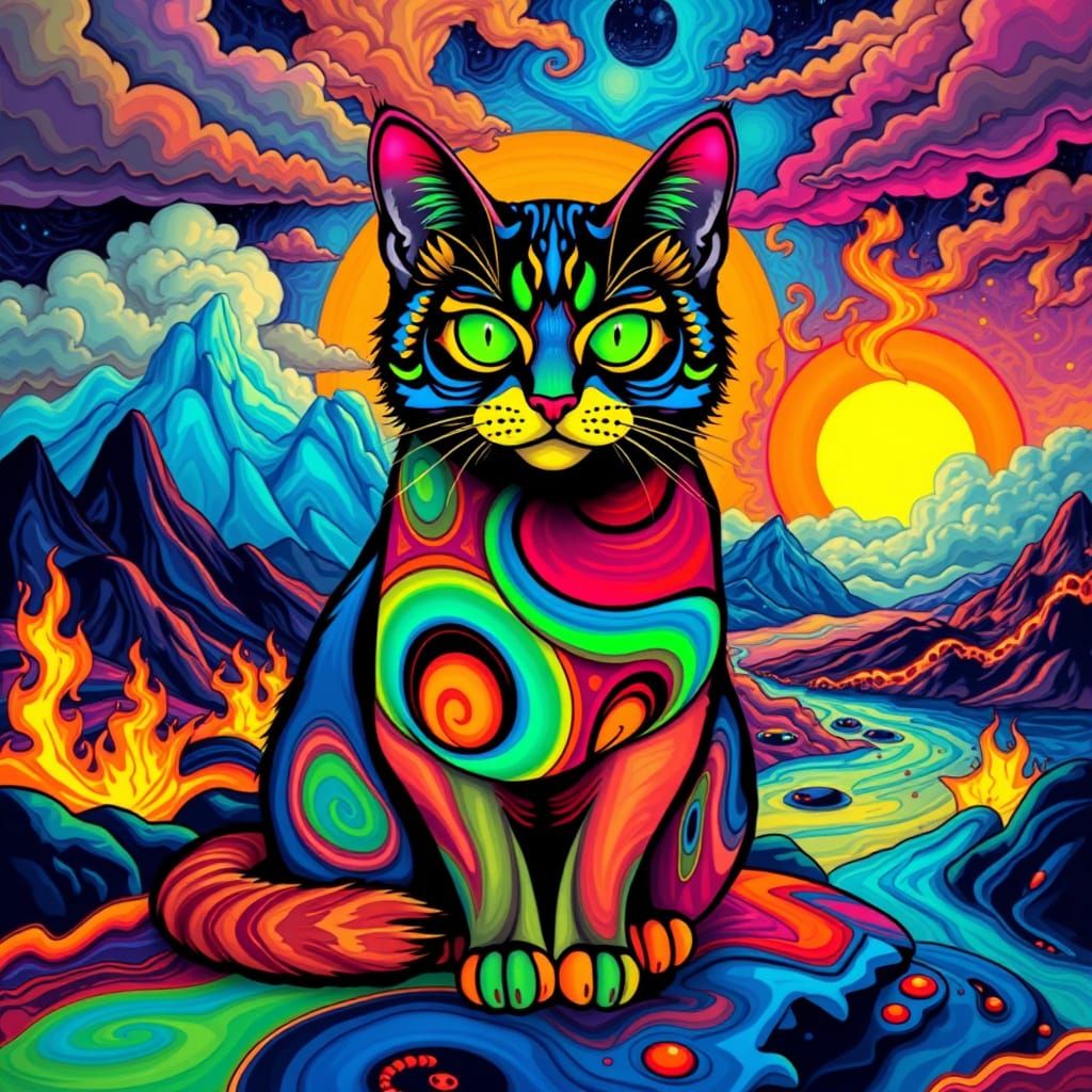 Neon Cat in Surreal Psychedelic Landscape