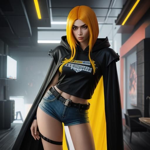 Young girl, Latina, tall, slim, bright sharp facial features, very pretty, bright eyes, red and yellow hair, short hoode...