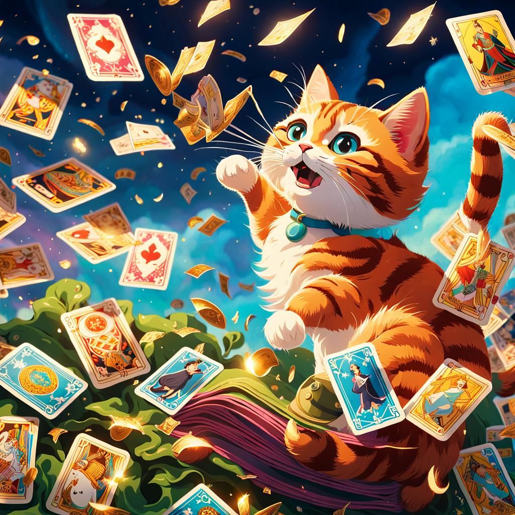 Cat Catching Tarot Cards in Miyazaki-Inspired Whimsical Styl...