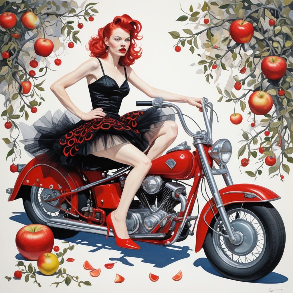 Confident Redhead Rides Vintage Motorbike in Whimsical Wonde...